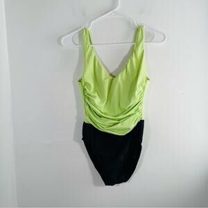 Miraclesuit Lime Green Black Colorblock One Piece Underwire Low Back Swim 8
